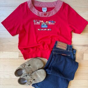 Napa Valley Petites Red Floral Embroidered Gingham Collar Top PM